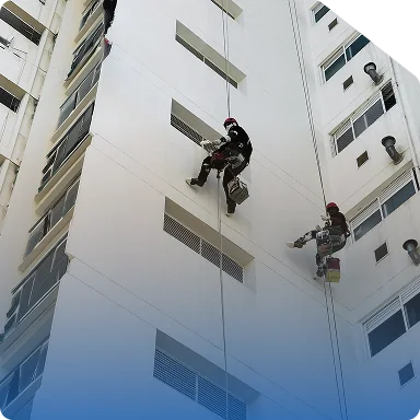 Cordistas trabalhando na fachada de um edifício residencial cercado por palmeiras